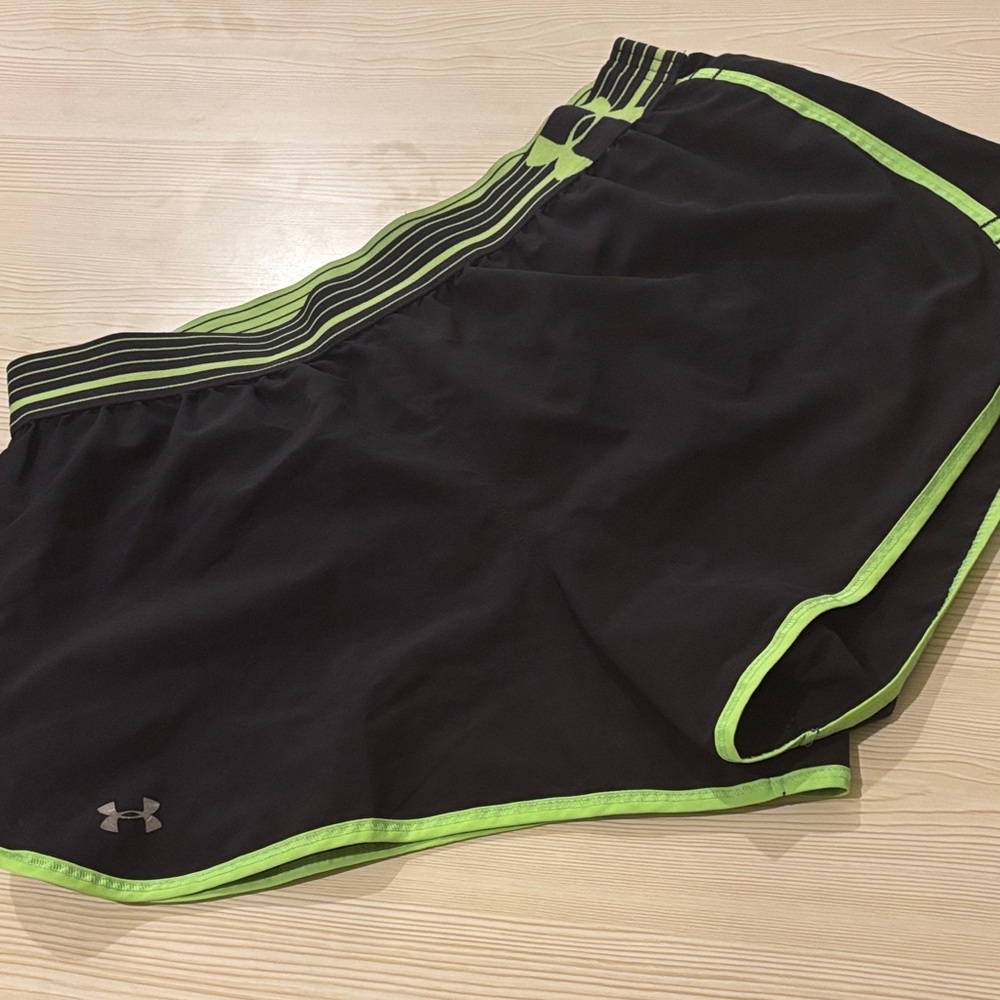 Under Armour Women's Black and Neon Green Athletic Shorts